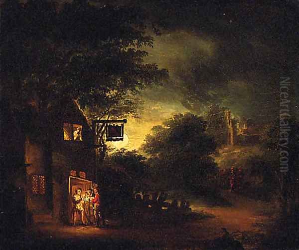 Figures by a moonlit Tavern Oil Painting by English School