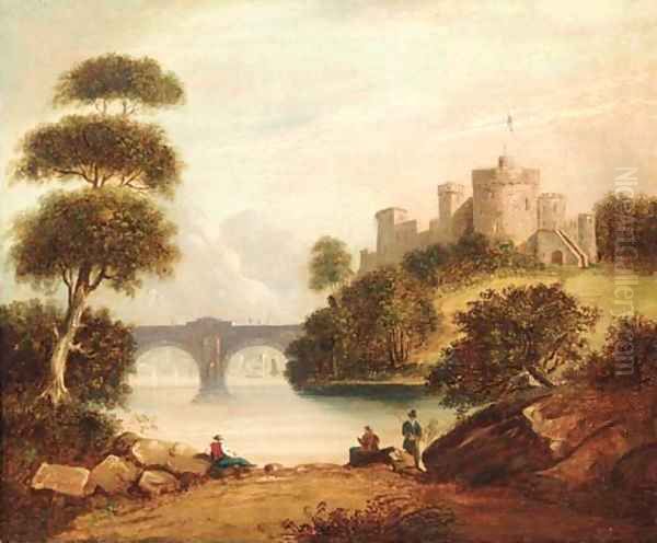 Figures by a river with a hilltop castle beyond Oil Painting by English School