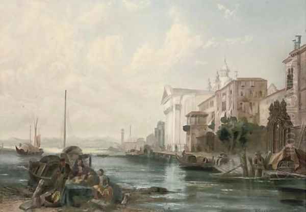 Figures mending nets with a capriccio Venetian scene behind Oil Painting by English School