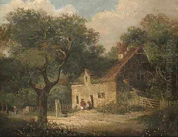 Figures outside a woodland cottage; and Figures before a country cottage Oil Painting by English School