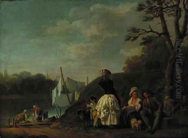 Figures resting by a riverbank, with women washing clothes beyond Oil Painting by English School