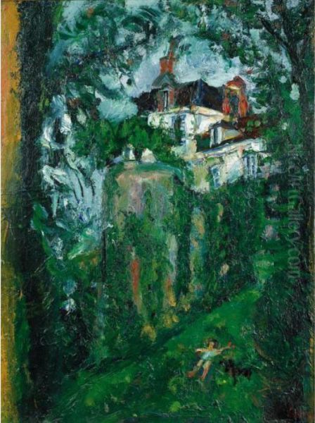 Jeune Fille Avec Un Chien, Maison Et Contrefort Oil Painting by Chaim Soutine