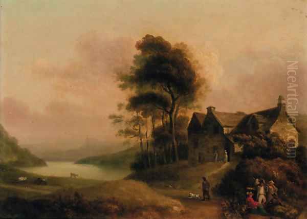 Figures resting by a track before a cottage in a wooded lake landscape Oil Painting by English School