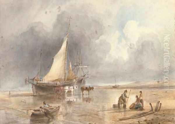 Fisherfolk on the beach Oil Painting by English School