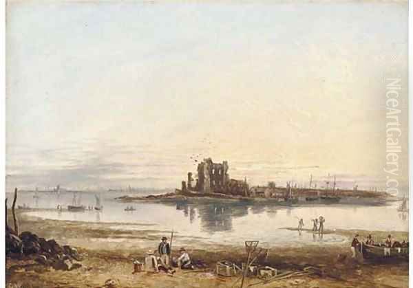 Fishermen on the beach, low tide Oil Painting by English School