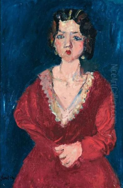 La Femme En Rouge Sur Fond Bleu Oil Painting by Chaim Soutine