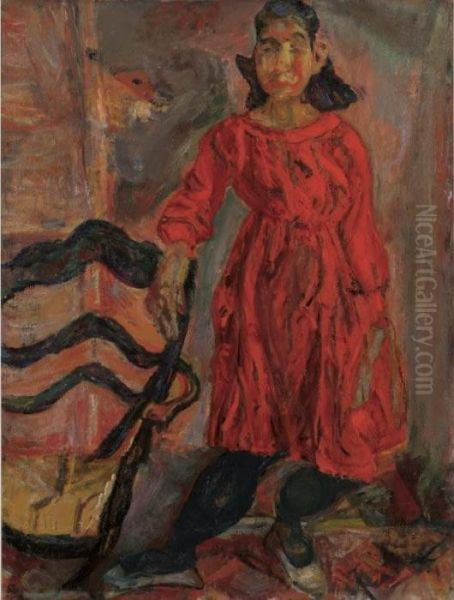 Femme En Rouge Appuyee A Un Fauteuil Oil Painting by Chaim Soutine