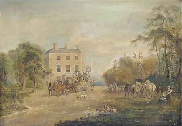 Harvesters and travellers outside the Swan Inn Oil Painting by English School