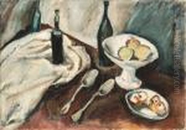 Nature Morte La Coupe De Fruits Et Aux Trois Bouteilles Oil Painting by Chaim Soutine