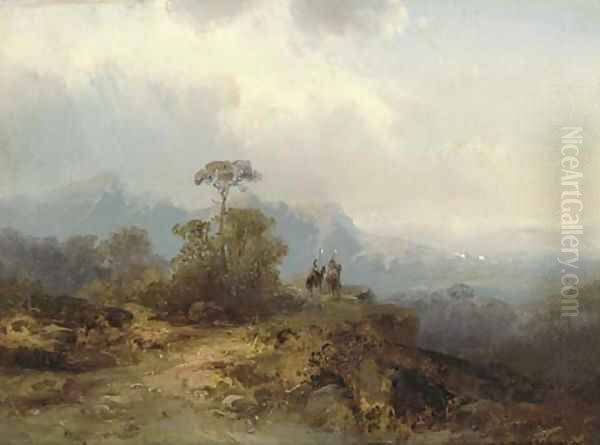 Horsemen on the edge of a canyon Oil Painting by English School