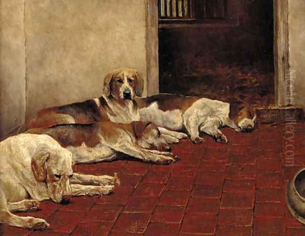 Hounds in a kennel Oil Painting by English School