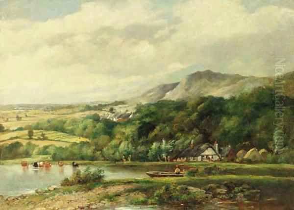 Landscape with a boatman and cattle watering Oil Painting by English School