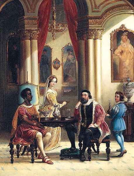 Merchants seated in a classical Interior Oil Painting by English School