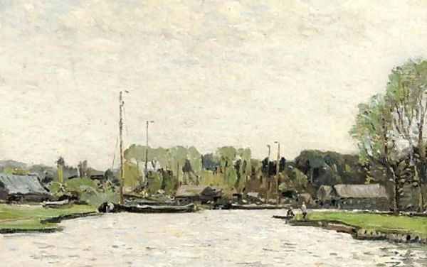 Moored boats on the Norfolk Broads Oil Painting by English School