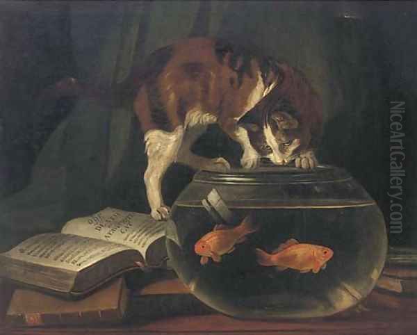 Ode on the death of a favourite cat drowned in a tub of goldfishes Oil Painting by English School