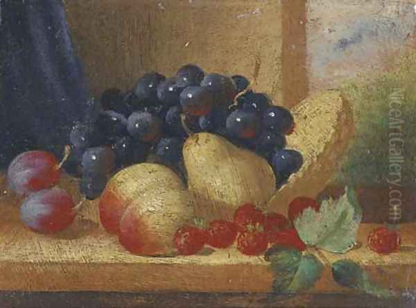 Plums, grapes, a peach, a pear, and raspberries by an upturned basket on a ledge Oil Painting by English School