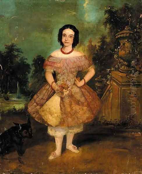 Portrait of a girl, full length, standing by the garden steps holding a posy Oil Painting by English School