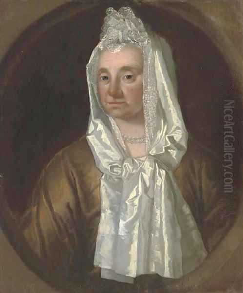 Portrait of a lady, bust-length, in a lace bonnet, in a painted oval Oil Painting by English School