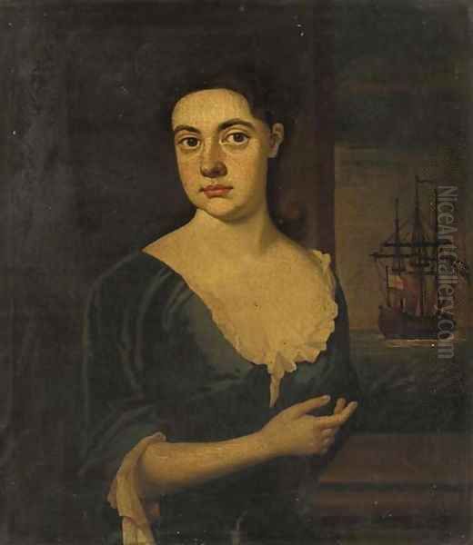 Portrait of a lady, half-length, in a blue dress, a man-o-war beyond Oil Painting by English School