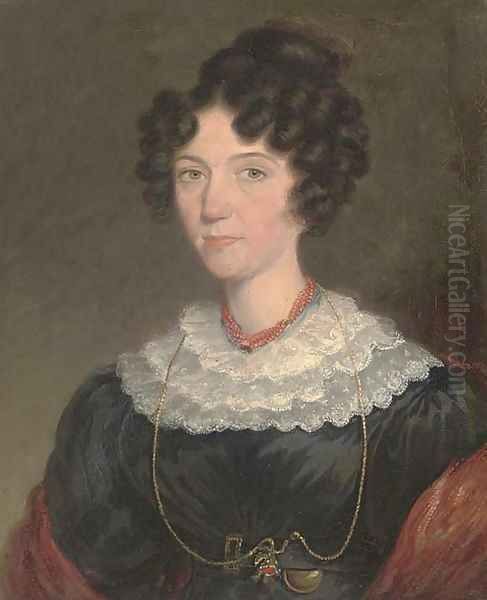 Portrait of a lady, small bust-length, in a black dress with lace trim Oil Painting by English School