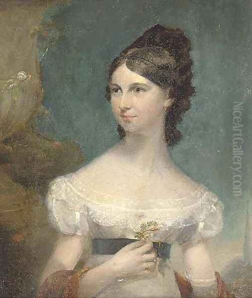 Portrait of a lady, small half-length, in a white dress and orange shawl, holding a flower Oil Painting by English School