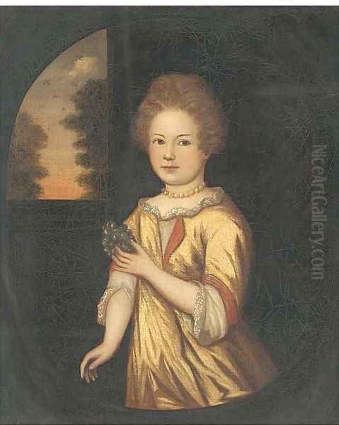 Portrait of a young girl, three-quarter-length, in a yellow dress and pearl necklace Oil Painting by English School