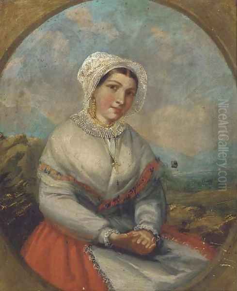 Portrait of a young maiden, seated three-quarter length, in an extensive landscape Oil Painting by English School