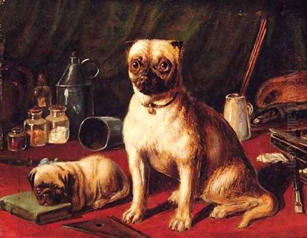 Pugs in an Interior Oil Painting by English School