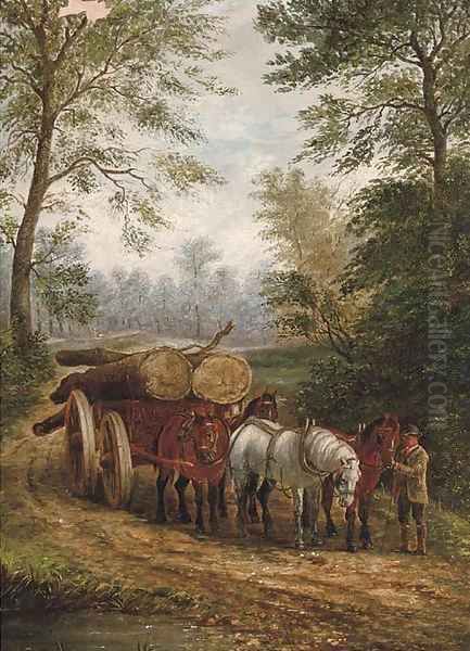 Readying the logging cart Oil Painting by English School