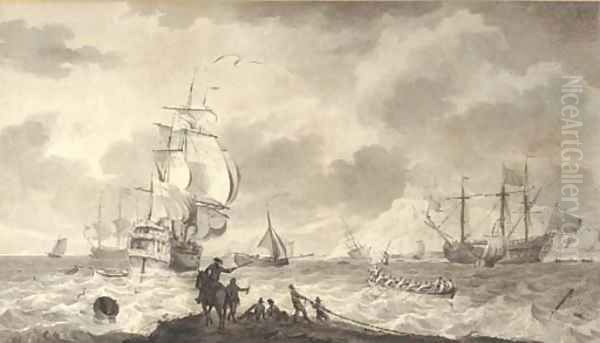 Shipping in choppy sea, a horseman and attendants on a spit in the foreground, a harbour, possibly Dover, beyond Oil Painting by English School