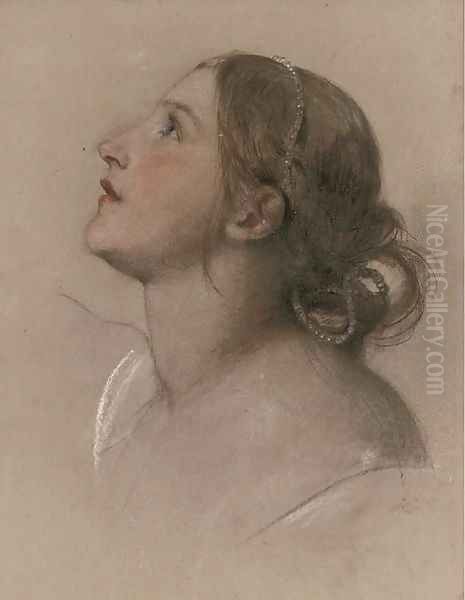 Study of the head of a girl, in profile to the left, with pearls in her hair Oil Painting by English School