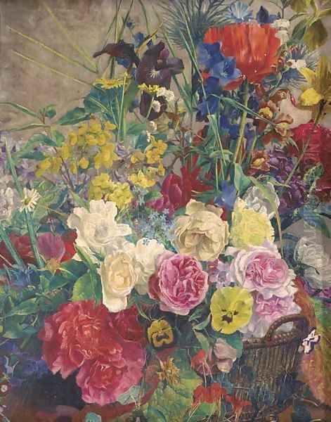 Summer flowers in a basket Oil Painting by English School