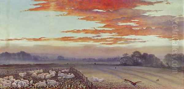 Sunset an extensive landscape with sheep in a pen, a wood beyond Oil Painting by English School