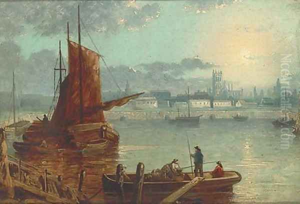 Sunset over a harbour Oil Painting by English School