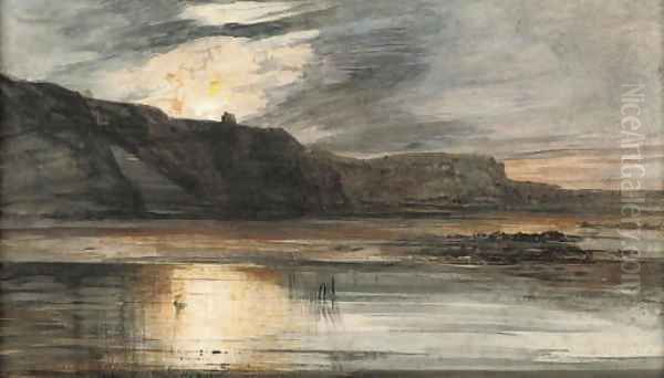 Sunset over a lake, a castle in the distance Oil Painting by English School