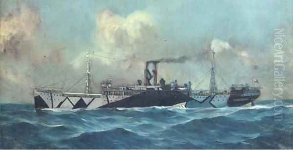 The Booth Line's Anselm in dazzle camouflage during the Second World War Oil Painting by English School