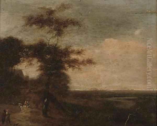 Travellers on a country road at dusk Oil Painting by English School