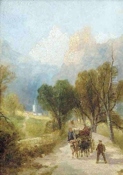 Travellers on an Alpine path, below what is thought to be the Matterhorn Oil Painting by English School