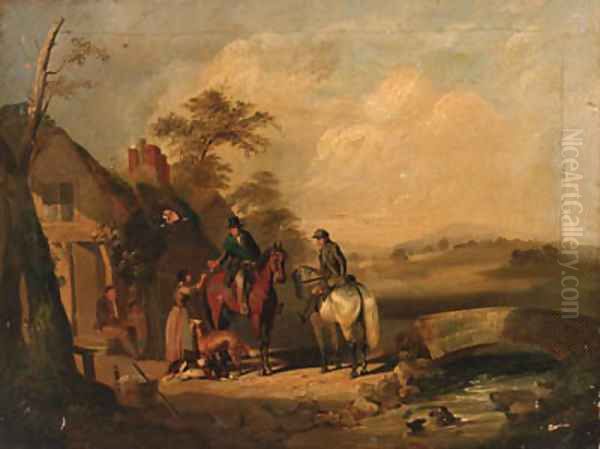 Travellers taking refreshments by a cottage Oil Painting by English School