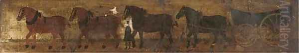 A cart and horses in a landscape Oil Painting by English School