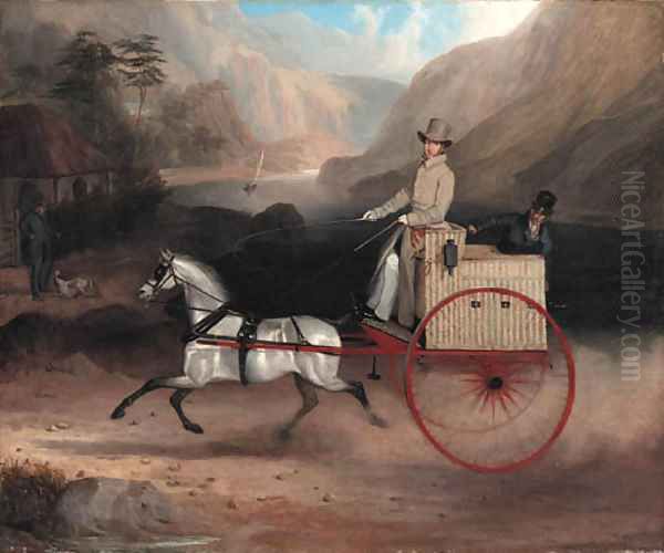 A Gentleman and a Man Riding in a Cart pulled by a white pony Oil Painting by English School