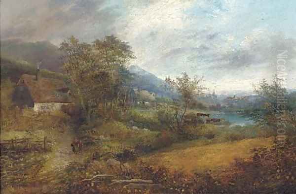 Cottages in a landscape Oil Painting by English School