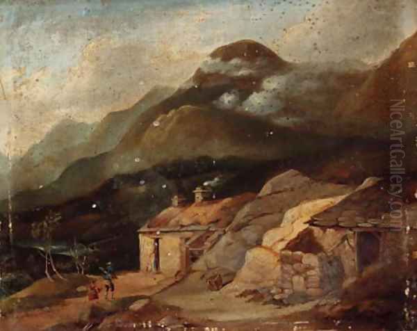 Figures before a croft in a Highland landscape Oil Painting by English School