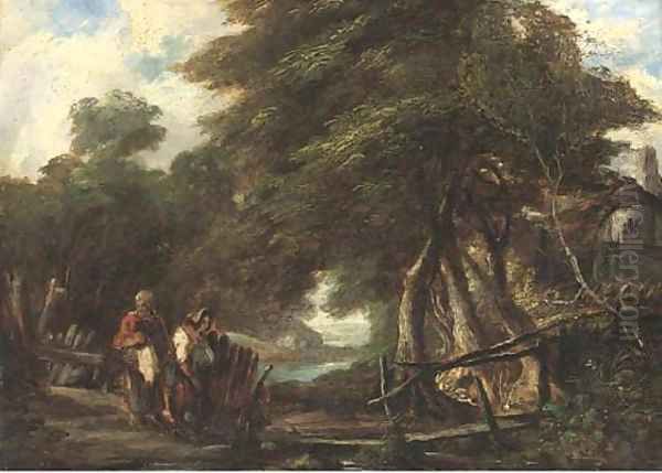 Figures by a stream in a wooded landscape Oil Painting by English School