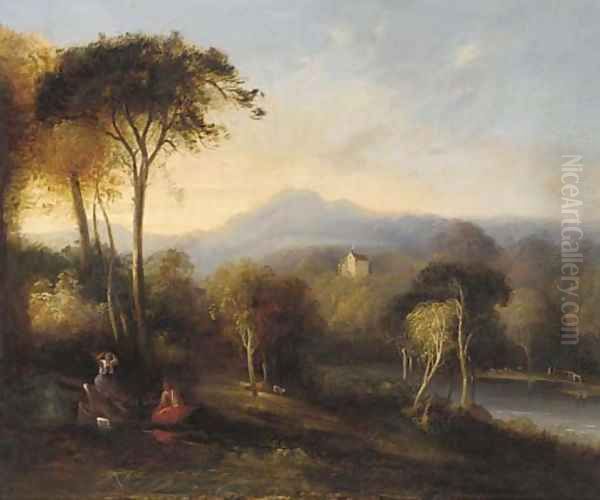 Figures in an extensive landscape with a castle beyond Oil Painting by English School