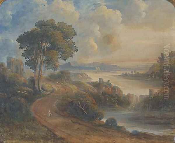 Figures on a coastal path by a ruined tower, an extensive landscape beyond Oil Painting by English School