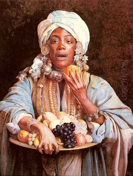 A North African Fruit Vendor Oil Painting by Guiseppe Signorini