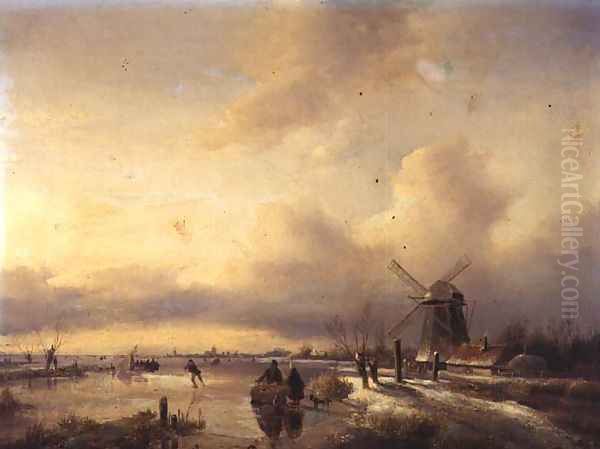 Figures in a Frozen River Landscape Oil Painting by Hendrik Jacobus Scholten