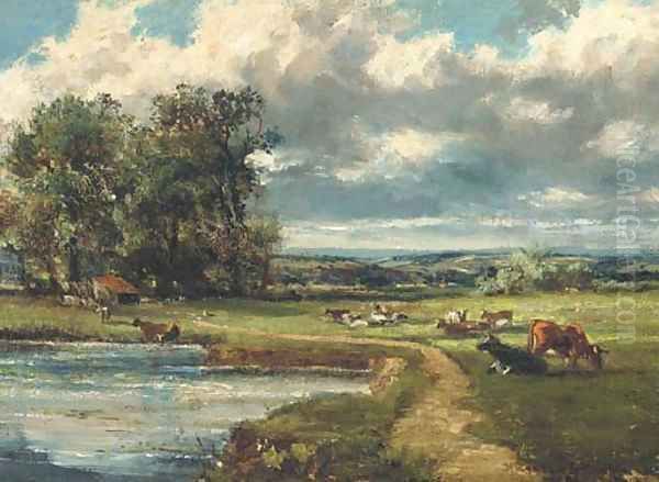 Cattle grazing by a river Oil Painting by Herbert Hughes Stanton