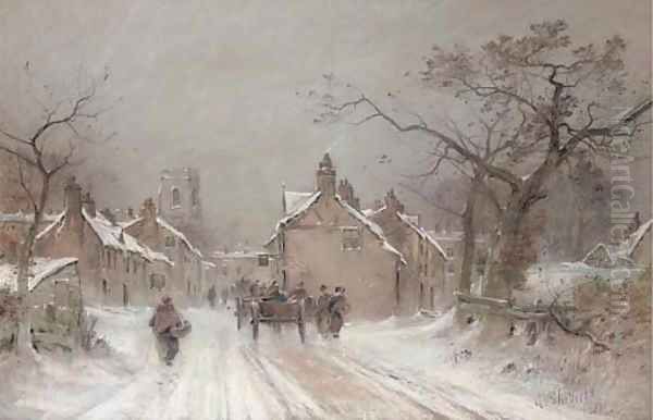 Wintertime, the entrance to a village Oil Painting by George Sheffield